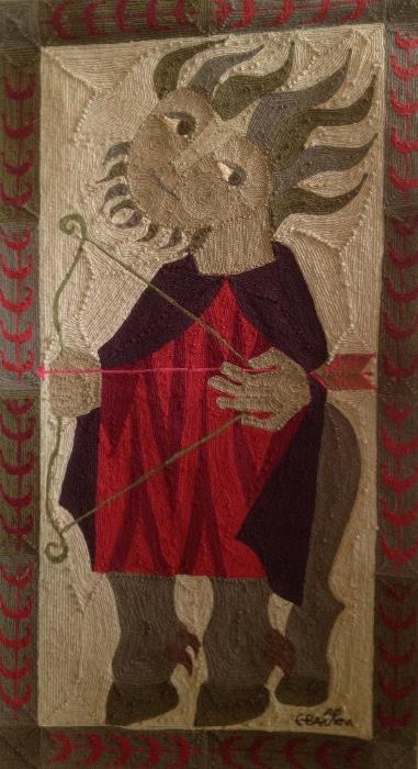 Neiman Marcus chain stitch wall tapestry,14.25" x 25.75",  French, "Sagittarius Zodiac" by Baillon