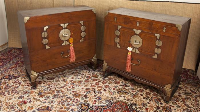 Pair of Korean antique blanket chests, with white brass hardware, beautiful wood grain. 
