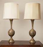 Pair of hammered brass lamps, from Iran