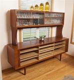 Danish side board buffet with upper glass cabinet, Tambour doors on base.