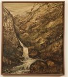 Very nice oil painting of mountains and waterfall scene.