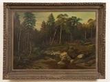 Well done Antique oil of woodland and stream scene, with a pair of bears looking up at a bee hive.