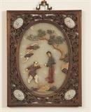 Very nice antique asian cut stone, mother of pearl, wood scroll work frame