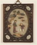 Antique Asian scene on cut stone, with mother of pearl and scroll woodwork frame
