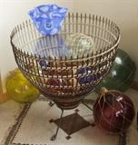 Unique side table, bamboo woven, with glass top. Japanese net floats.