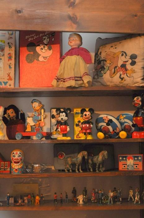 Snow White, Mickey bank, Fisher Price Donald Duck pull toy, Disney tops, more banks, Britains, Barclay/Manoil figures