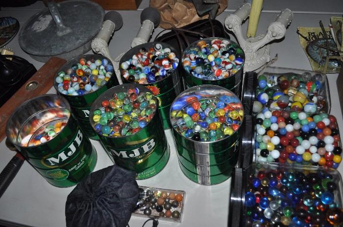 Nope... I haven't lost my marbles!  These babies are in the BIG coffee cans and 2.5 pound plastic containers, a bag and a plastic box and more that are not pictured here.  There are the common Chinese checkers spheres as well as good ol' Cat Eyes, but there are also clay (?) and Akro Agate and MANY more!