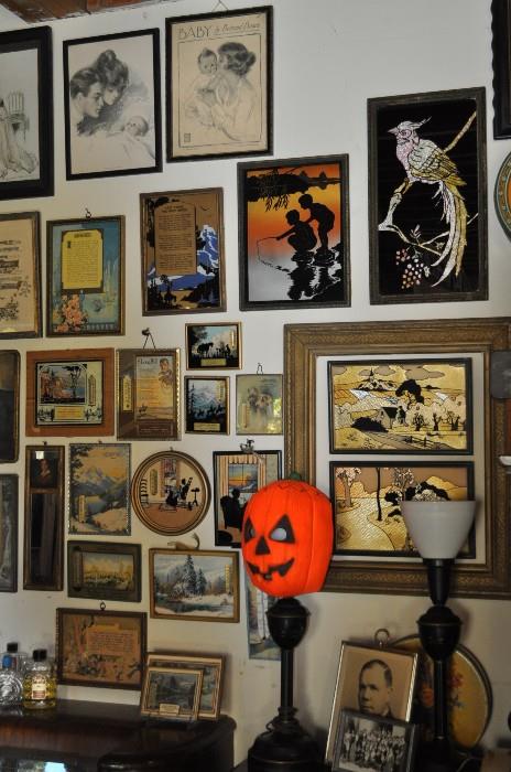 More of those amazing framed advertising pieces, some with thermometers.  Two nice old lamps, one sporting a somewhat vintage jack o' lantern mask that I had planned on wearing when I greeted the customers!
