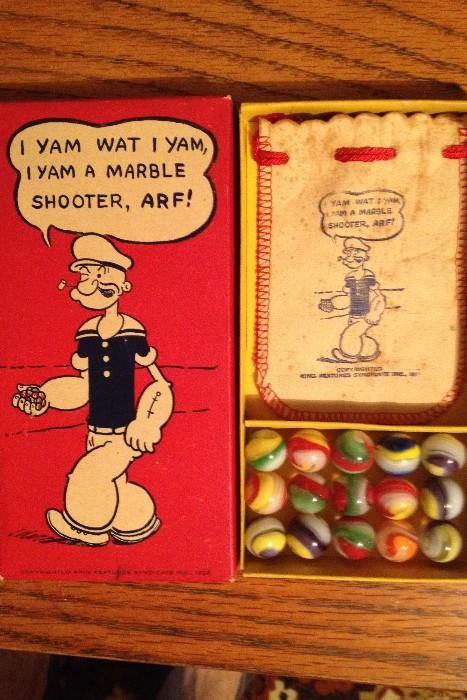 You will probably NEVER see this again!  The original Popeye marbles in the original box with the original marble bag...  ARF!