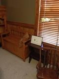 Oak storage bench, side table, lamp, & chair