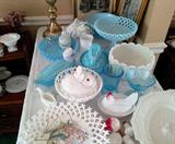 blue and white milk glass