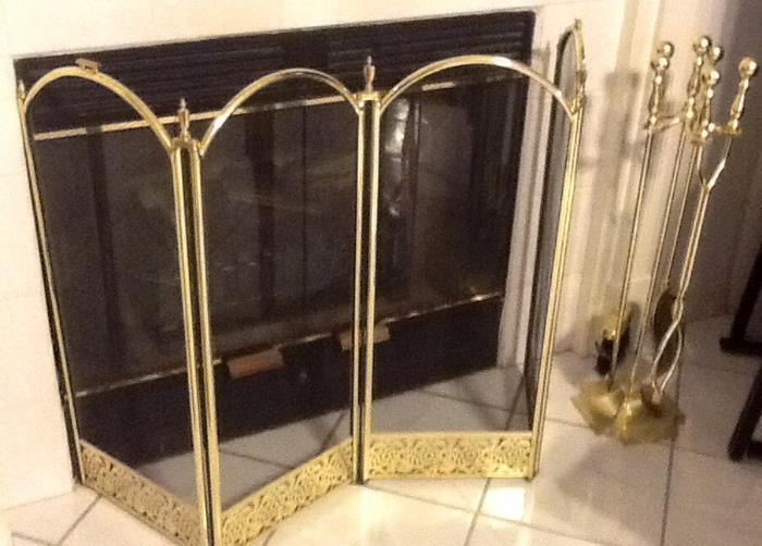Brass fireplace screen and tools