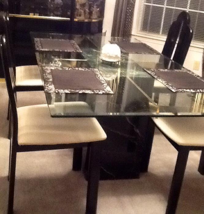 glass top/marble base dining set with six chairs- black lacquer - beautiful 