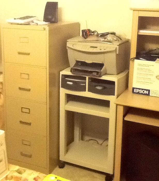 Office items, filing cabinet, printer,  storage 