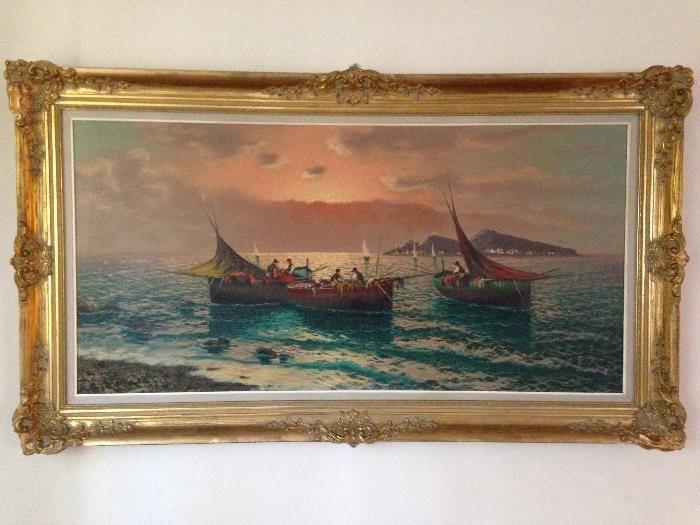 Vintage Italian Boat oil Painting