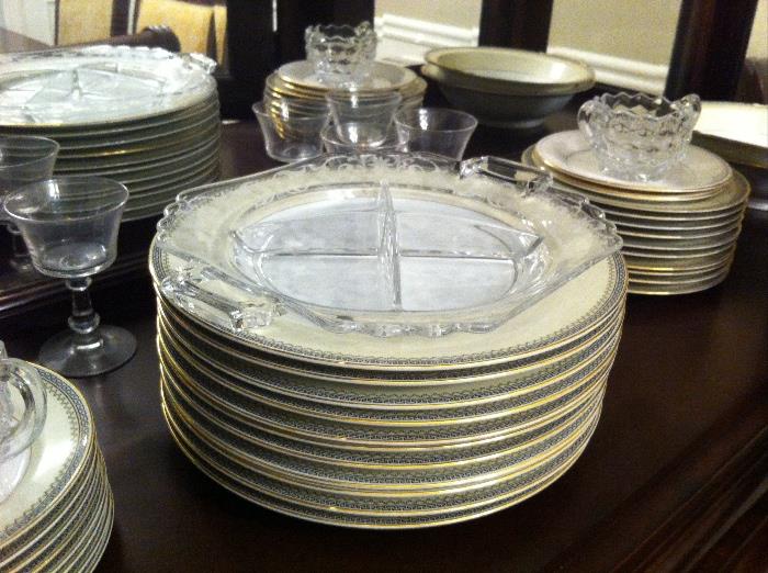 Noritake china "Audrey" pattern, service for 10 plus extras, stemware and other glassware.