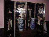 Large Asian screen, gateleg table, vases