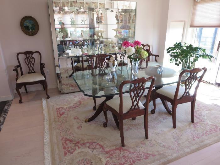Chippendale Dining Chairs and Glass Top Pedestal Table