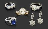 Diamonds & Sapphires:  1070) Platinum Sophia D, 2.60 Ct Diamond Ring with Sapphires; 1090) 3.40 Ct. Old Mine Cut Diamond Solitaire Ring; 1079) Platinum 2.85 Ct Center Diamond Ring; 1066) Plat. 3.88 Ct Solitaire Sapphire w/Diamonds Ring; 1091) 5.85 Ctw Diamond Drop 14K Earrings.  