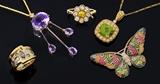 Diamonds & Colored Gem Stones:  1021)  Vintage Amethyst Lavaliere Necklace; 1061)  1.34 Ctw Yellow & White Diamond 14K Ring; 1135)  Charles Krypell 6.73 Ct Peridot  Necklace; 1247) 18K Colored Diamond Mosaic Ring;  1051) ELI FREI  Colored Gem Stone Butterfly Pin, 2.25” Wing Span.