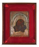 Lot 1015:  RUSSIAN SILVER ICON: Most likely 19th C. or earlier, Mary and Infant Jesus, Oil/Board, 8 5/8'' x 7'', okblad has Russian hallmarks for unknown maker, Moscow, 19th C., encased in thick wooden shadowbox style frame, 14 1/2'' x 12'', cyrillic inscription verso. Est. $1500/2500**
CONDITION: Needs cleaning, cracklure, possible heat damage by child's mouth, nail holes, sold as is.