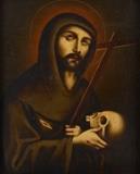 Lot 1035:  ANTONIO SALAS? PAINTING ST. FRANCIS IN MEDITATION: Depicts St. Francis Holding a Crucifix and Skull, Oil/Canvas laid on board, Sight size 15 1/2'' x 12 1/2'', signed lower right, newer frame 18'' x 14 1/2''. Est. $1000/2000**
CONDITION: Laid down on board, scattered spots of inpaint, several letters in the signature do fluoresce, needs cleaning, sold as is.