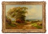 Lot 1025:  ADAMS, John Clayton (British, 1840-1906): ''Ewhurst Hill, Surrey'', Oil/Canvas, 24'' x 36'', signed lower right, dated 1901, old label affixed verso, encased in a pierce carved and gilded frame 31'' x 42 1/2''. Est. $4000/6000**
CONDITION: Frame does have several spots of damage, painting has been relined, several minor scattered spots of inpaint, needs cleaning, some craquelure evident in the lower portions of the left and right corner.