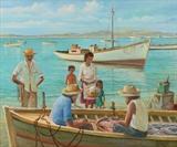 Lot 1153: ZAMBRANO, Raul, (Venezuelan, 20th Century): ''Pescadores'', Fisherman at Dock, Oil/Canvas, signed lower right, dated 1978, signed, titled and dated verso. 19 3/4'' x 23 3/4'', framed 28 1/4'' x 32 1/4'' x 2 1/2''. Est. $5000/10000** 