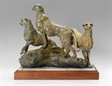 Lot 1258:  SANDER, Sherry Salari, (American, 1941- ): ''Cheetahs by the Gwai'', Patinated Bronze, 15'' h. x 17'' w. x 13'' d., signed and dated '90, #'d 12/35, affixed to a custom onyx and beveled walnut gold plinth, overall height 17'' x 18 1/2. x 11'' d. Sold with the original receipt from The Plainsmen Gallery in 2004 for $4,000. Est. $3000/5000**