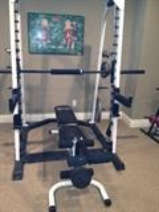 Olympic Cage weigh Smith machine, bench, and some weights, and leg press