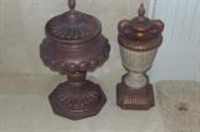 I have lots of nice urns; use on a fireplace hearth, shelves, mantels. Thomasville; quality; Left side has matching bowel with balls for large coffee table