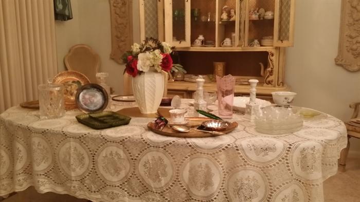 Dining Room Table and Chairs and China and Glassware, Trays, Russian Plate, Oriental Items, Tea Cups and More