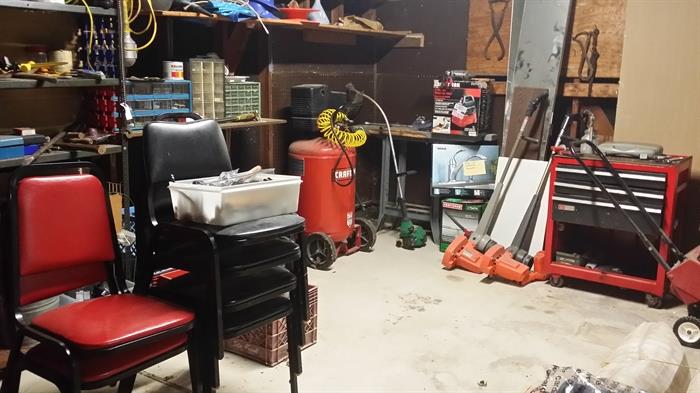 Tool box Chairs, edgers hand tools more