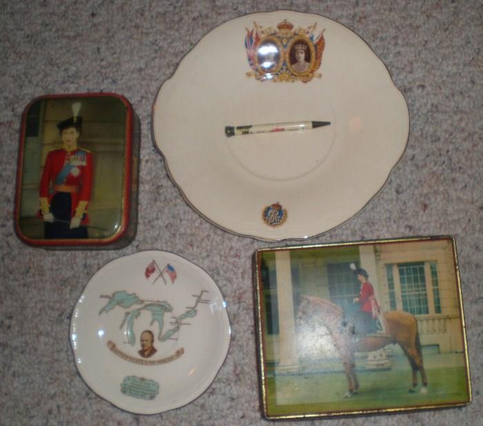Royal Collectables, Queen Elizabeth tins, King George plate & pen. (only Queen Elizabeth tin and St. Lawrence Seaway plate still available)