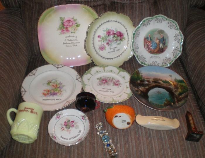 Antique souvenir plates and glass. (some sold, some still available)