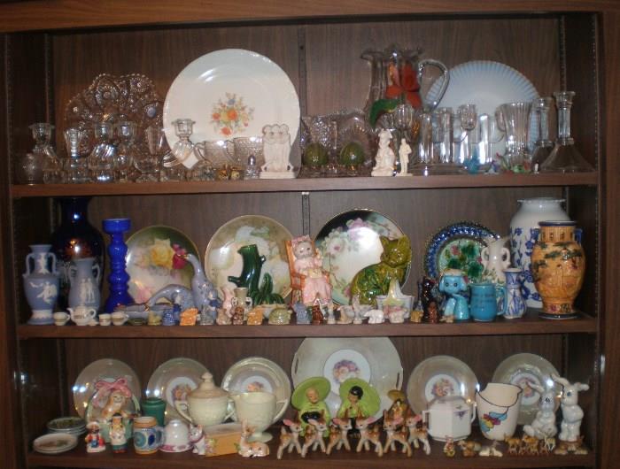Clear glassware, hand painted plates, RS Germany luster plate set, lots of deer, Red Rose tea Wades (SOLD).