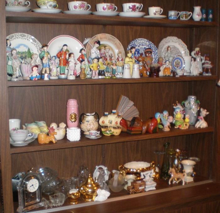 Teacups and Saucers, Victorian and Oriental Figurines, Christmas Plates, Blue Birds, Clear Glassware. (some SOLD, some still available)