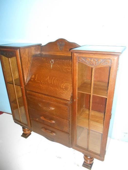 Oak Curio Cabinet with Drop Front Desk