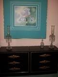 gorgeous mantle lusters and pair of black lacquered chests--notice the original painting of an Iris--