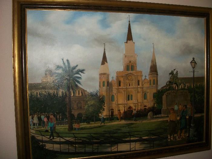 Original Huge Oil Painting by Saralee Keating (a New Orleans artist)--This is Jackson Square in the 1960's--retro and cool!