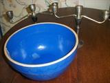 huge vintage bright blue mixing bowl and a set of sterling silver candleabras