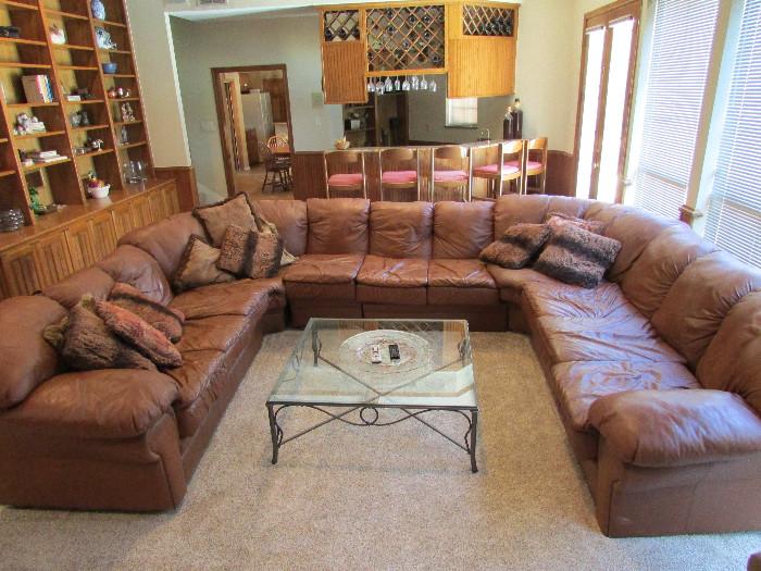 massive leather sectional sofa,glass table,5 bar stools