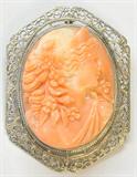 14K WHITE GOLD FILIGREE CORAL CAMEO PIN. 