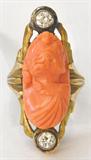 ANTIQUE 10K CORAL RING WITH .40 CTTW. DIAMONDS.