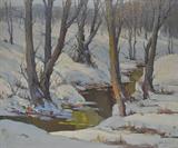 OIL ON CANVAS PAINTING SGD ALBERT ALFREDSON. WINTER SCENE. MEASURES 19 1/2" X 24".
