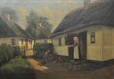 OIL ON CANVAS PAINTING-VILLAGE HOUSES W/GIRL. SGD. ALFRED (NILS) LARSEN. MEASURES 26 1/2" X 38 1/2".