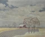 WALTER PARKE OIL ON BOARD PAINTING - FIELD & BARNS MEASURES 23" X 29".
