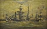 Lg. Oil on Canvas Painting of Ships sgd. Charles Poulsen.