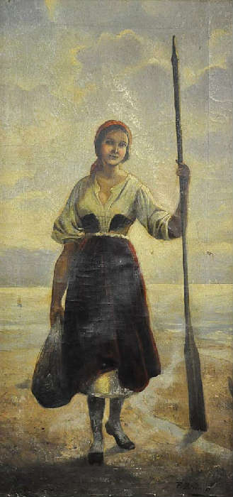 Oil Painting sgd. F. Bricard of Girl with Oar.