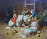 Oil Painting of Dogs and Monkey sgd. J. Hartung.